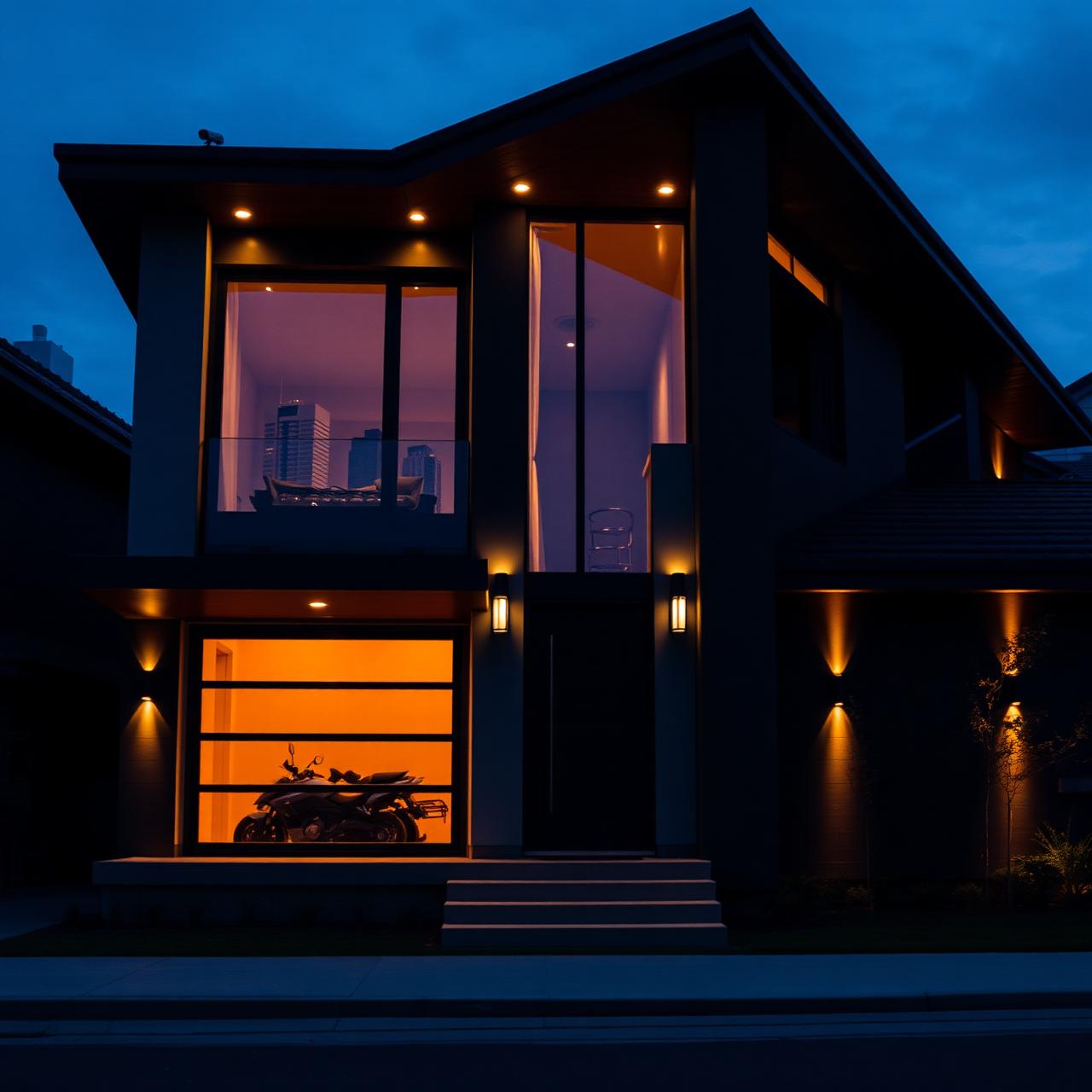 Modern home exterior with discreet security cameras